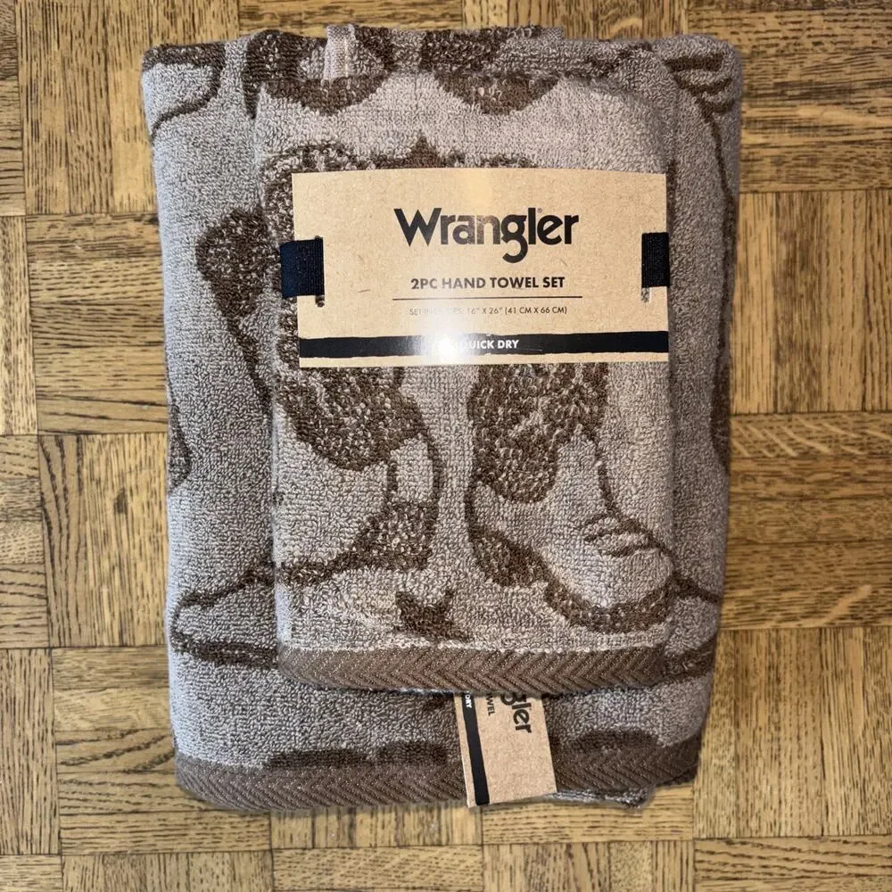 Wrangler Brown Boots Western Vintage Cowboy Cowgirl 2 Hand 2 Bath Towel Set NEW